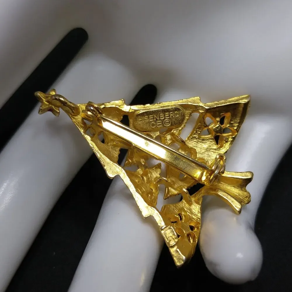 Vintage Eisenberg Ice Christmas Tree Brooch 1960s Gold Multicolor Beads Signed